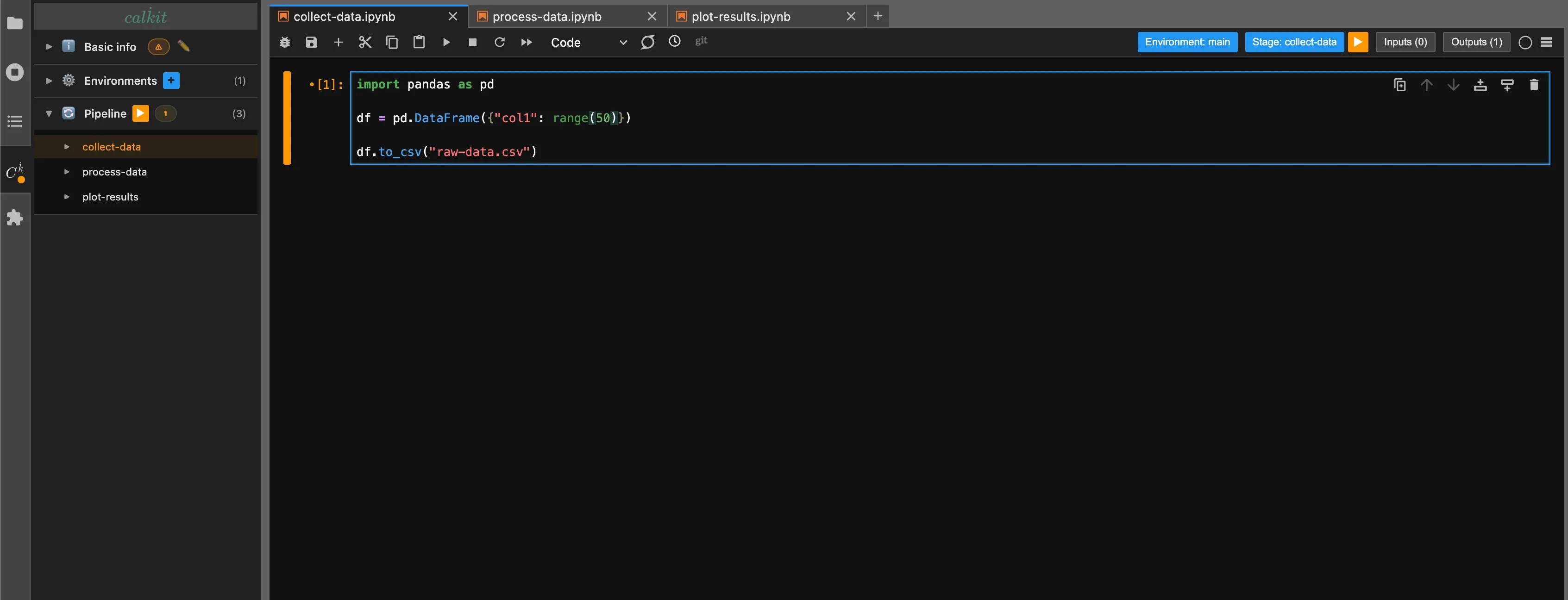 Calkit manages notebook pipelines with environment tracking and one-click reruns. The orange ‘run’ button signals stale outputs that need to be regenerated.